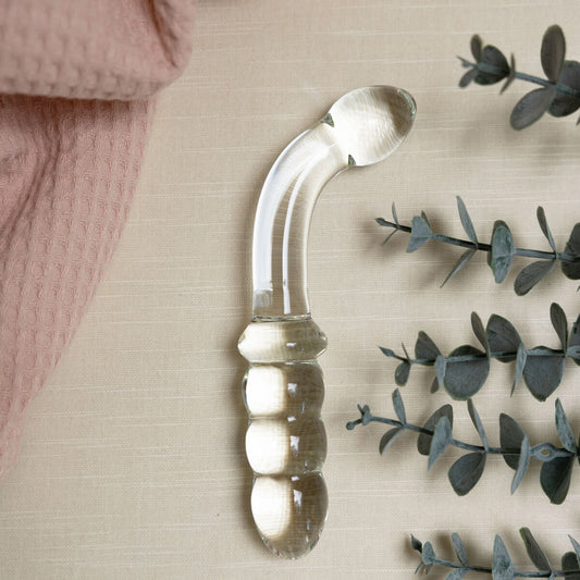 Curved glass dildo, beaded ribbed